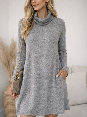 $68 Retail Brit & Brie Grey Cowl Neck Sweater Dress Soft Knit Size Medium